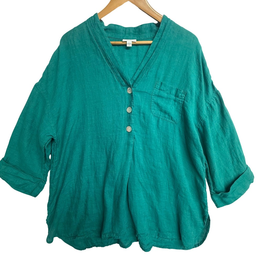 Pure Jill J. Jill 100% Linen Tunic Top XL Teal Coastal 3/4 Sleeve V-Neck Blouse